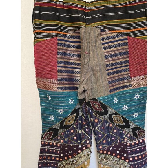 Womens Bohemian Patchwork Pants India Drawstring Waist Beaded - Picture 5 of 6